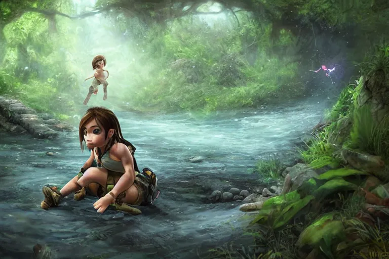 Image similar to wide shot of exhausted Chibi Lara Croft climbing out of a roaring ancient river, fireflies by Lilia Alvarado