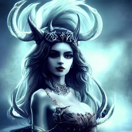 Image similar to majestic and regal portrait of a beautiful demon goddess!!, epic, 8 k, extreme details, sharp focus, elegant, volumetric lighting, volumetric fog