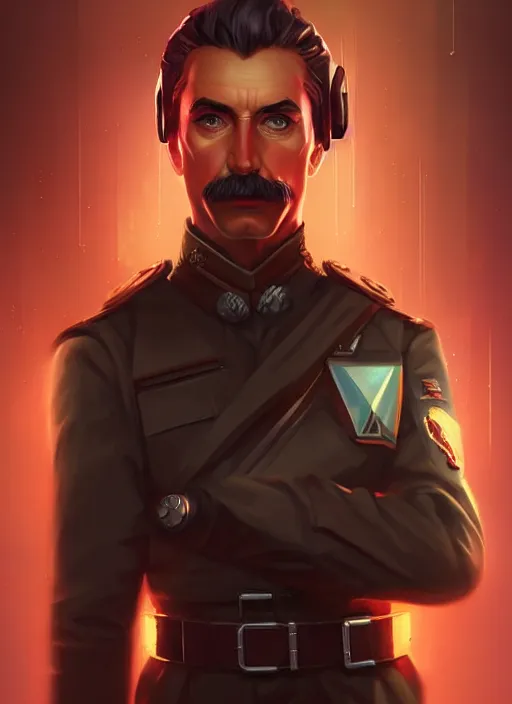 Image similar to « a portrait o cyberpunk joseph stalin, glowing eyes, a digital painting by charlie bowater, featured on cgsociety, fantasy art, behance hd, wiccan, artstation hd »