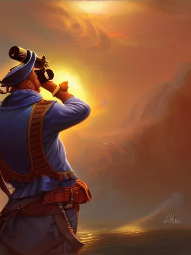 Prompt: captain pirate using a telescope from a high place from behind intricate, elegant, highly detailed, digital painting, artstation, concept art, sharp focus, illustration, by justin gerard and artgerm, 8 k