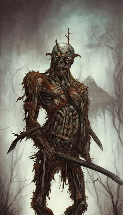 Prompt: painting of undead wight warrior, anatomically correct, forest and cabin, muted colors, night scene, by brom