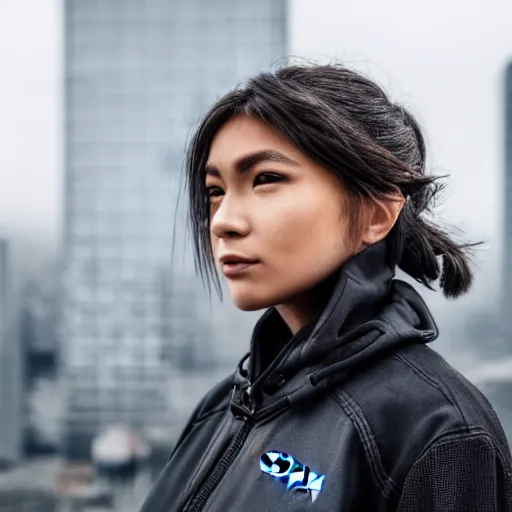 Prompt: photograph of a techwear woman, closeup, on the rooftop of a futuristic city, sigma 85mm f/1.4, 4k, depth of field, high resolution, 4k, 8k, hd, full color