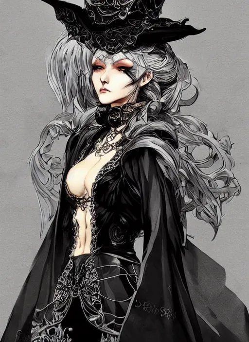 Image similar to beautiful human witch with blonde short curtly hair in intricate ornate witch robe, haughty evil look, witch hat. in style of yoji shinkawa and hyung - tae kim, trending on artstation, dark fantasy, great composition, concept art, highly detailed, dynamic pose.