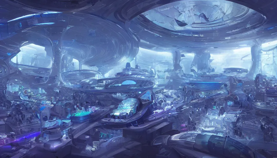 Image similar to Interior of a beautiful blue and silver lighted space base with people scattered everywhere as well as aquariums and small green areas, hyperdetailed, artstation, cgsociety, 8k