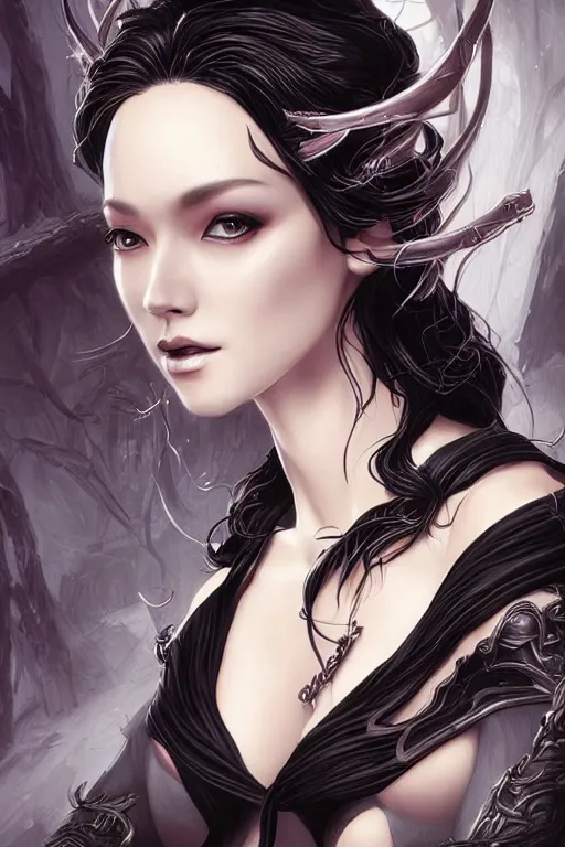 Prompt: elf sorceress character portrait wearing black silk looking over one shoulder, concept art, intricate details, highly detailed photorealistic portrait in the style of adam hughes, seseon yoon, artgerm and warren louw