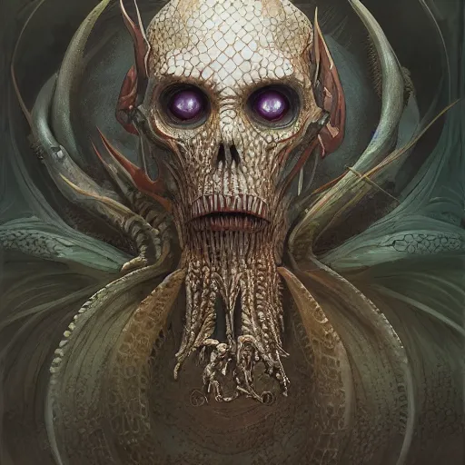 Image similar to Portrait of an undead ilithid mindflayer dracolich, honeycomb background, d&d, fantasy, intricate, elegant, highly detailed, digital painting, artstation, concept art, smooth, sharp focus, illustration, art by Krenz Cushart and Artem Demura and alphonse mucha
