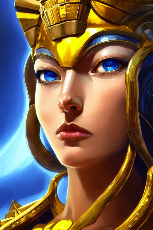 Prompt: The Godess Hera looking angry, detailed armor, portrait radiating a glowing aura, highly detailed, digital painting, artstation, concept art, smooth, sharp focus, beautiful face, symmetric face, enchanted, official fanart, behance, HD, blue and yellow theme, by Makoto Shinkai