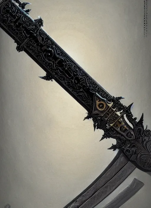 Image similar to legendary sword of technology, intricate black and iridescent blade, ornate gothic baroque spikes, glowing handle, detailed realistic, ray tracing, colored gems, art by greg rutkowski