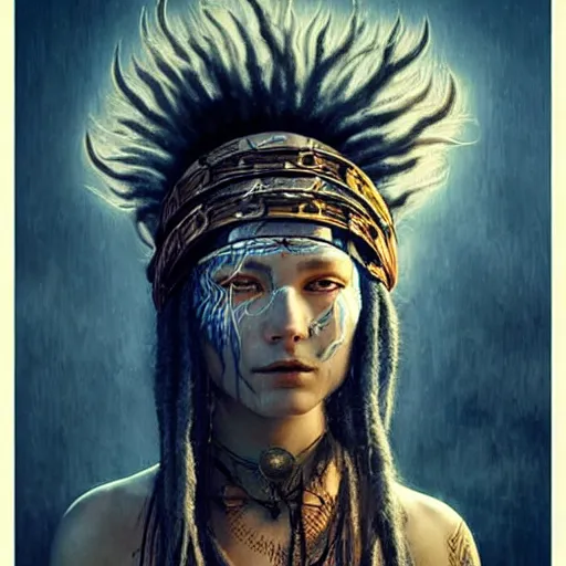 Image similar to A young blindfolded shaman woman with a decorated headband, in the style of heilung, blue hair dreadlocks and wood on her head, atmospheric lighting, intricate detail, cgsociety, ambient light, dynamic lighting, art by karol bak