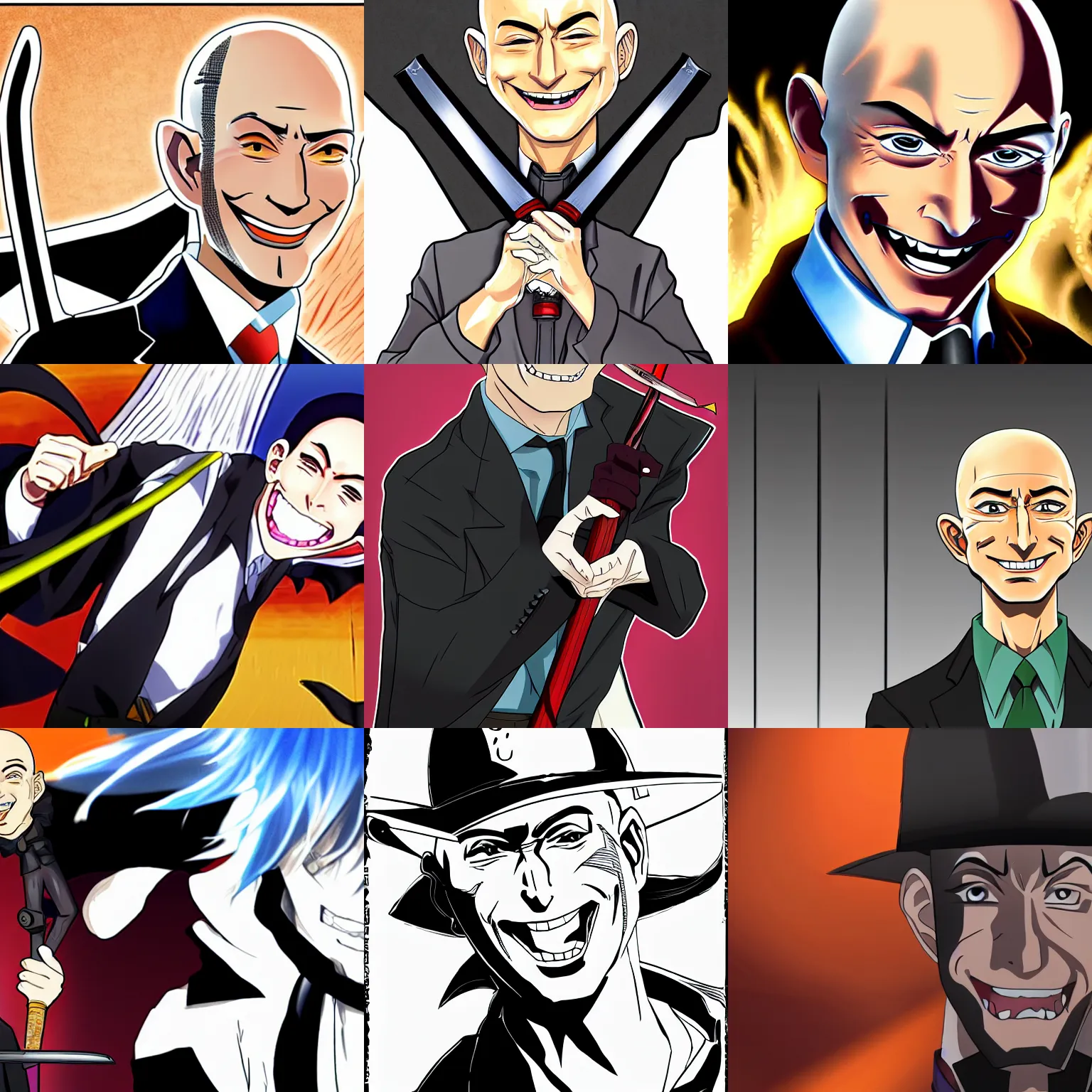 Prompt: cel shaded anime jeff bezos evil holding a katana laughing