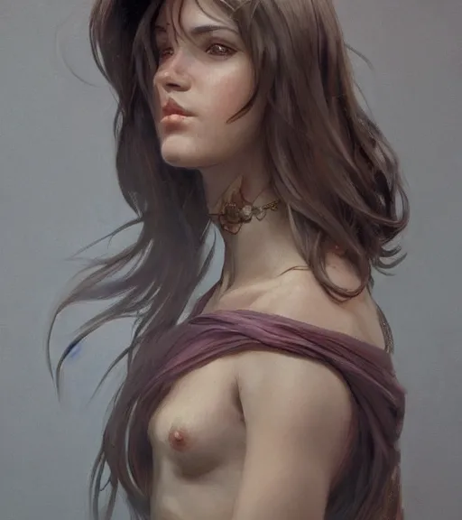 Prompt: portrait of a young woman, soft features, gentle smile, muscular, half body, cloth, short brown hair, back light, d & d, fantasy, intricate, highly detailed, digital painting, artstation, concept art, smooth, sharp focus, illustration, art by artgerm and greg rutkowski and alphonse mucha