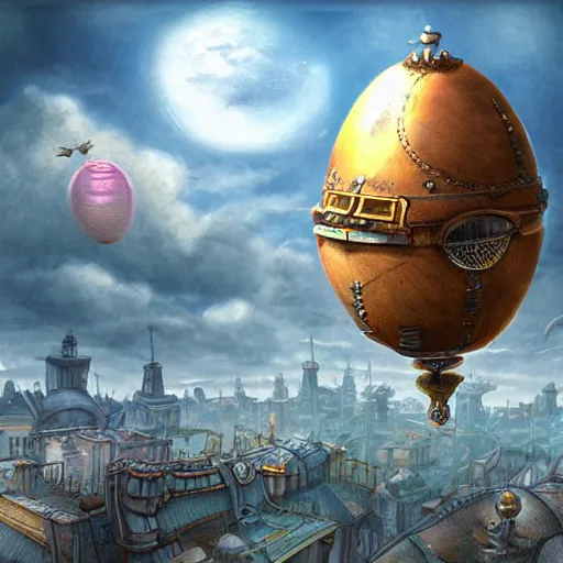 Image similar to flying egg - shaped steampunk city, fantasy art, sky in the background, detailed, behrens style