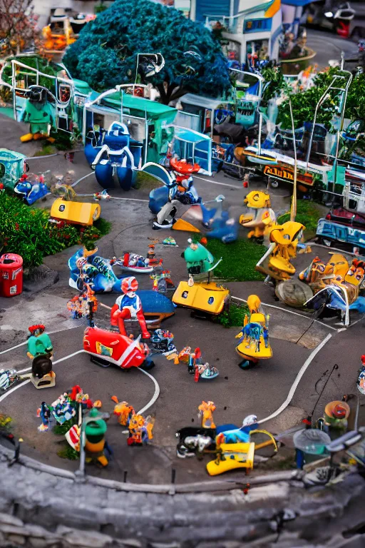 Image similar to high quality presentation photo of a a detailed miniature diorama of retro toy robots invading a detailed model of a 1950s town, photography 4k, f1.8 anamorphic, bokeh, 4k, Canon, Nikon