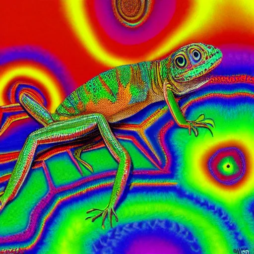 Image similar to a trippy colorful oil painting of a lizzard on a rock. psychedelic. dmt. fractals.
