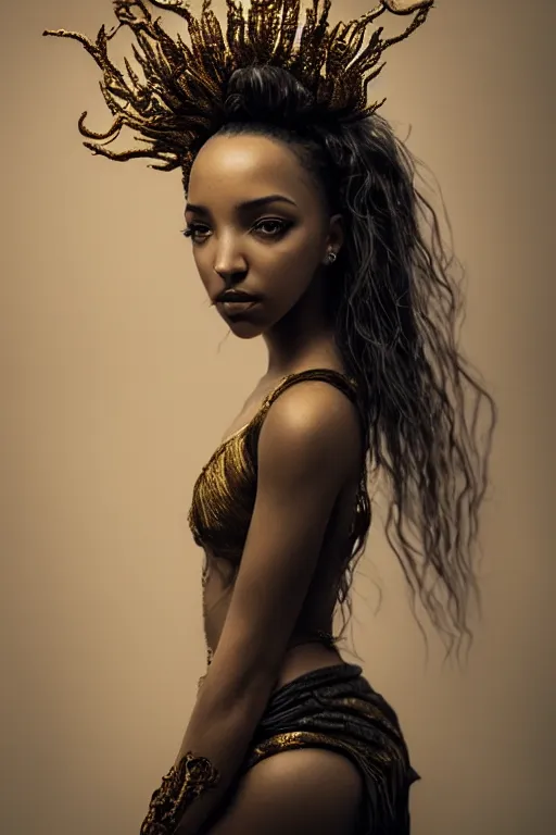 Image similar to a photorealistic portrait of tinashe as mysterious dark goddess of death, realism, clouds, swirling fabric, elaborate ornate growth, gilded relief, trending on artstation, by alessio albi