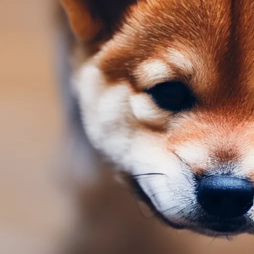 Image similar to close up photo of a tiny shiba inu, cinematic, shallow dof, 3 5 mm, 4 k, macro