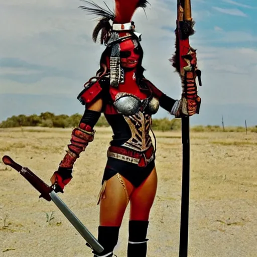 Prompt: photo of a beautiful female harlequin warrior with weapon