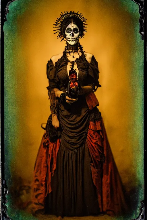 Prompt: tintype, 1 8 5 0's virgin mary dia de muertos dress and make up, horrific beautiful vibe, evocative, atmospheric lighting, painted, intricate, highly detailed, leesha hannigan, wayne haag, reyna rochin, ignacio fernandez rios, mark ryden, iris van herpen, stunning, gorgeous, sharp focus, cinematic, masterpiece