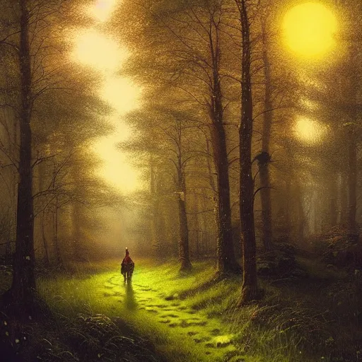 Prompt: Buttercup forest at night, moonlight, Greg Rutkowski, Thomas Kinkade, hyperrealism