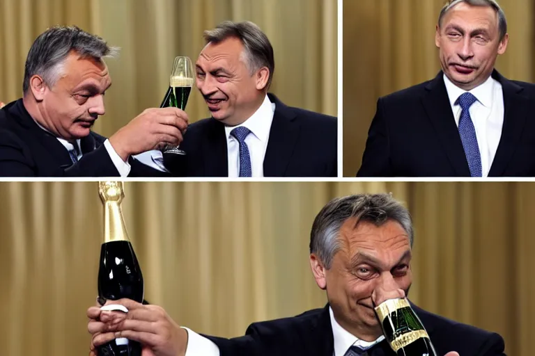 Image similar to viktor orban winking and drinking champagne with putin in front a burning city