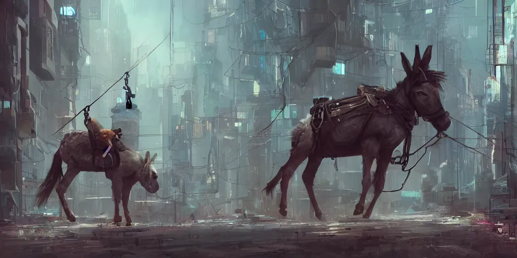 Prompt: donkey riding a swing in a a cyberpunk dystopian city at day, artstation