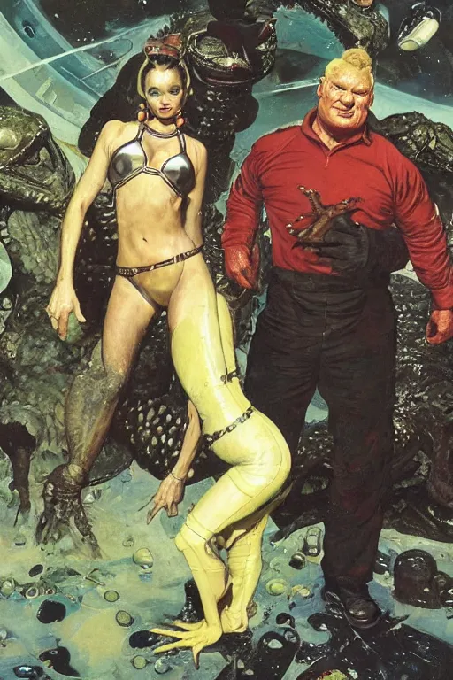 Prompt: full body portrait of brock lesnar as amphibian demon standing beside elegant space woman in latex spacesuit, by norman rockwell, jack kirby, jon berkey, earle bergey, craig mullins, ruan jia, jeremy mann, tom lovell, marvel, astounding stories, 5 0 s pulp illustration, scifi, fantasy, artstation creature concept