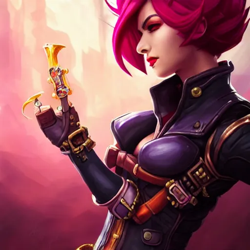 Image similar to portrait of Vi from League of Legends, by Fortiche Studio, from Netflix's Arcane, trending on artstation,fine details, realistic shaded, fine-face, Steampunk city on the background, red hair, steampunk metal boxing gloves on hands, painted texture, pretty face,by Artgerm