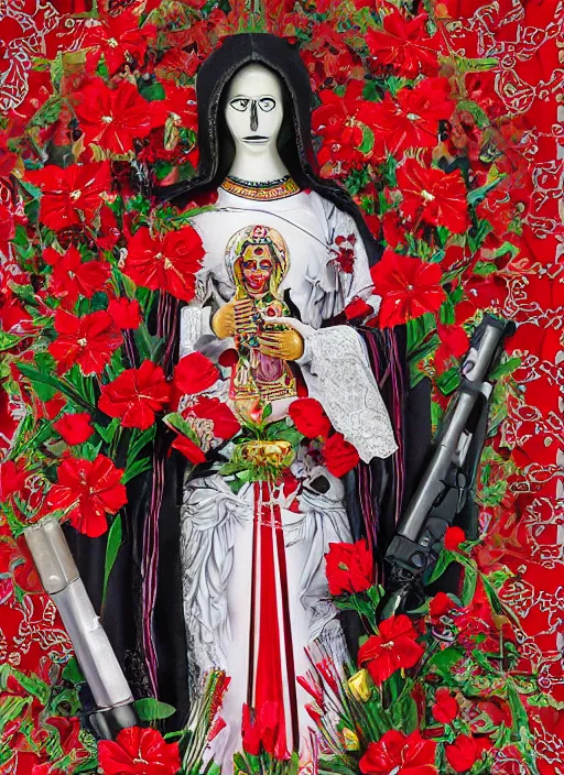 Prompt: masterpiece of Santa muerte with a book in her hand and surrounded by red and white flowers guns and ammunitions offered by devotees, no crop, digital visionary art, extremely high detail, post processed,