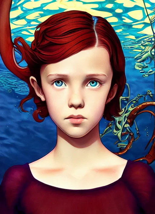 Prompt: well - lit art nouveau portrait of a 1 3 - year old girl who resembles millie bobby brown with red hair looking worried under water, natural lighting, path traced, highly detailed, high quality, cartoon, digital painting, by don bluth and ross tran and studio ghibli