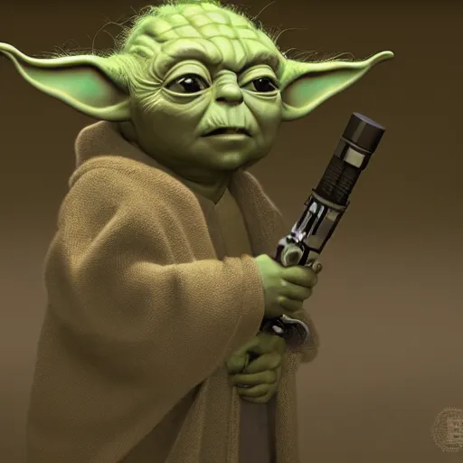 Image similar to young yoda with his lightsaber, au naturel, hyper detailed, digital art, trending in artstation, cinematic lighting, studio quality, smooth render, unreal engine 5 rendered, octane rendered, art style by klimt and nixeu and ian sprigger and wlop and krenz cushart