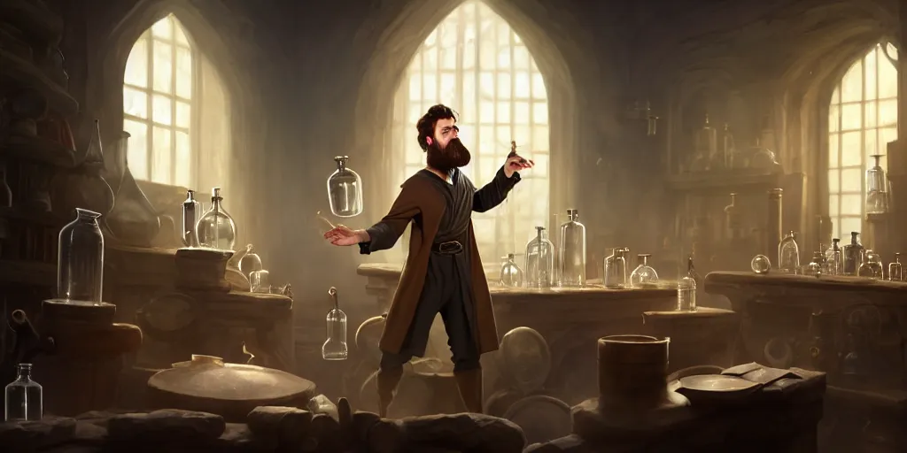 Image similar to a handsome bearded caucasian male sorcerer with brown hair, he is in a alchemist lab filled with beakers and equipment, he is casting a spell from a open book with magic filling the room, neutral pose, epic composition, 4 k, light rays, super coherent, by dave melvin, dan luvisi and greg rutkowski