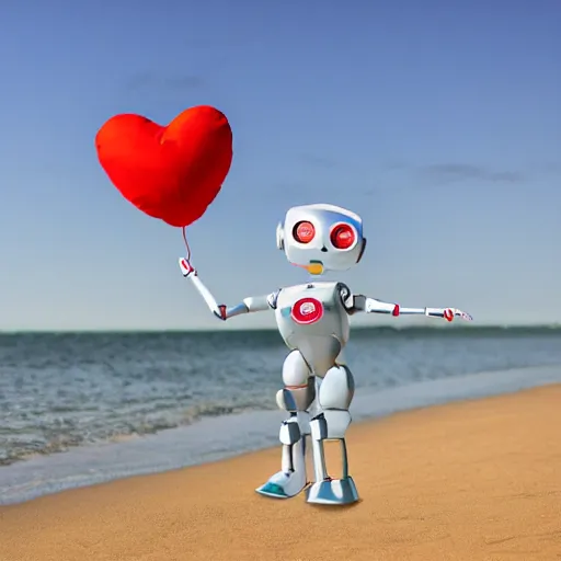 Prompt: a cute robot smiling holding heart balloons in the beach