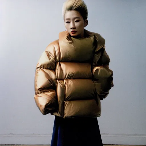 Image similar to realistic photoshooting for a new balenciaga lookbook, color film photography, portrait of a blonde asian woman, model wearing a puffer jacket, photo in style of tyler mitchell, 3 5 mm,