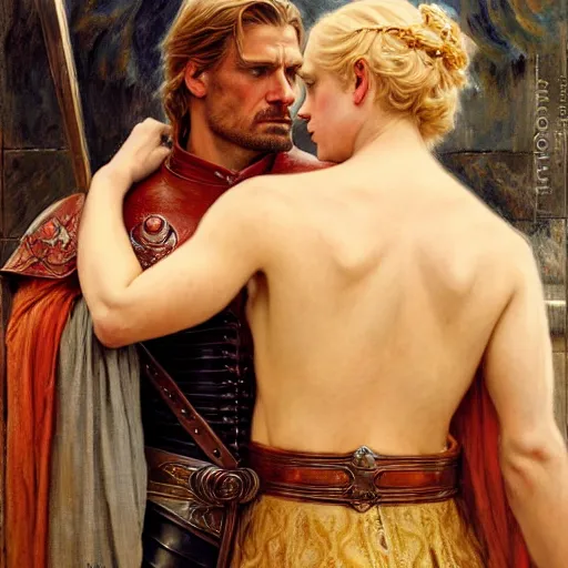 Image similar to attractive fully clothed jaime lannister confesses his love for his attractive fully clothed brienne of tarth. highly detailed painting by gaston bussiere and j. c. leyendecker 8 k