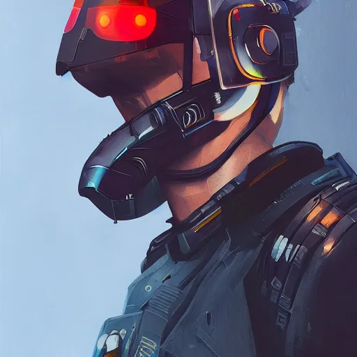 Image similar to concept art of cyberpunk pilot fighter by jama jurabaev, brush stroke, trending on artstation, symmetry, high quality, extremely detailed