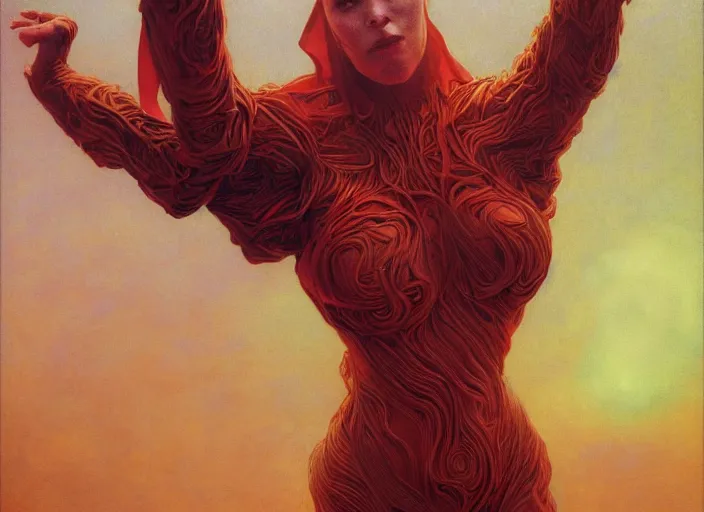 Image similar to Portrait Masterpiece, Wanda Maximoff, dynamic pose, furious, red and cyan, glowing, wires everywhere, by Edgar Maxence and Ross Tran, Zdzisław Beksiński, and Michael Whelan, distant, gustav dore, H.R. Giger, 8k, octane render