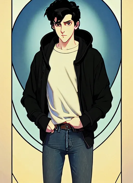 Prompt: well - lit art nouveau portrait of a young man with short black hair, light blue eyes, pale skin, serious expression, jeans and a black hoodie, natural lighting, path traced, highly detailed, high quality, cartoon, digital painting, by don bluth and ross tran and studio ghibli and alphonse mucha