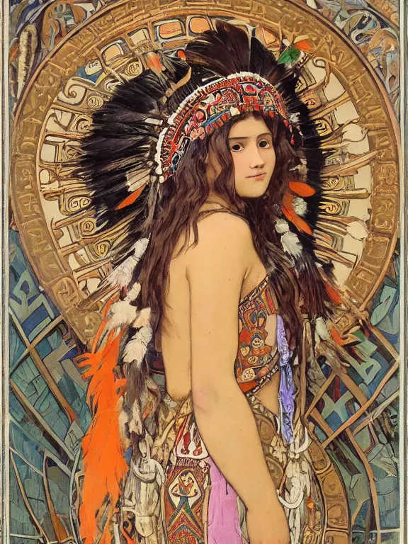 Image similar to an art nouveau painting of a pretty young native mayan woman dressed in a traditional, modest coat of beads and feathers and an elaborate headdress, in front of an aztec calendar, intricate, detailed, smooth, complex, elaborate, by alphonse mucha and james gurney and john william waterhouse