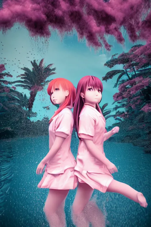 Image similar to 3d realistic dramatic infrared photo of two anime schoolgirls with a realistic face falling down from huge japanese bridge under water. Close-up portrait. There are pink palm trees and translucent glow jellyfish flying around. Volumetric composition. Pastel colors in the style of Hiro Kiyohara, redshift, octane, trend artstation, cinematic, hyper realism, high detail, 8k