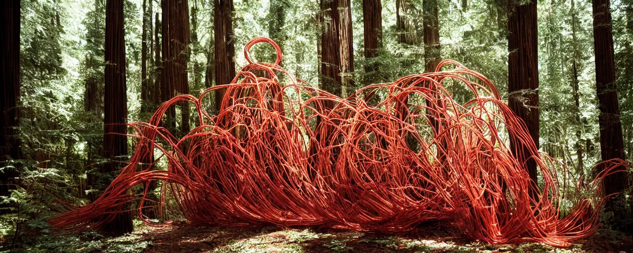 Image similar to a giant spaghetti sculpture, hit by a ray of sunshine, in a redwood forest, canon 5 0 mm, cinematic lighting, photography, retro, film, kodachrome