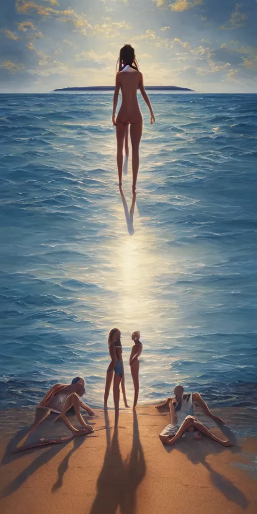 Image similar to symmetry!! summertime on the beach, sea, people, golden hour, perfect lighting, perfect composition, 4 k, artgerm, derek zabrocki, greg rutkowski