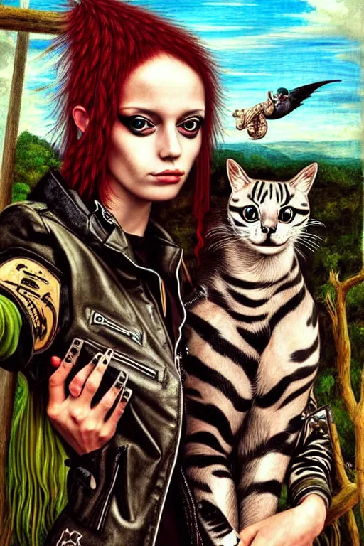 Image similar to punk rock girls making selfie with cats in jungle , mad max jacket, post apocalyptic, renaissance, oil painting like Leonardo Da Vinci, hyper realistic style, fantasy by Olga Fedorova,