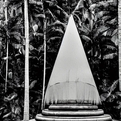 Prompt: lost film footage of a sacred modernist totem in the middle of the tropical jungle / film still / cinematic / enhanced / 1 9 2 0 s / black and white / grain