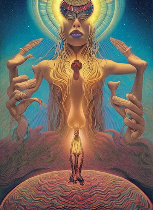 Image similar to portrait ultra dimensional enlightened cult woman shaman, enlightenment tripping on dmt, psychedelic experience, surrealism masterpiece composition, by michael parkes, casey weldon, barclay shaw