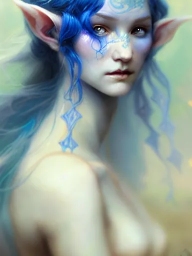 Image similar to the elven queen with blue skin by james jean, charlie bowater, tom bagshaw, nikolay makovsky : : enchanting, ethereal, magical, portrait, character design, illustration, hyperrealism, photorealism, digital art, concept art, fantasy, whimsy, weta, wlop, artstation