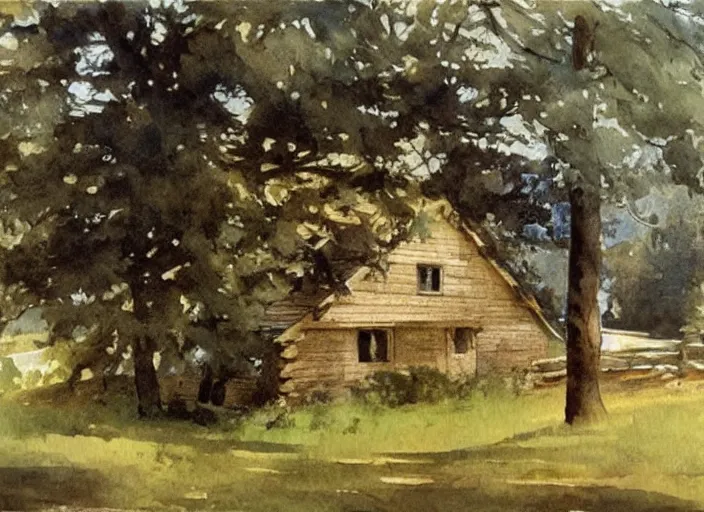 Prompt: aquarelle painting of oak tree and scandinavian red wooden cabin, swedish house, art by anders zorn