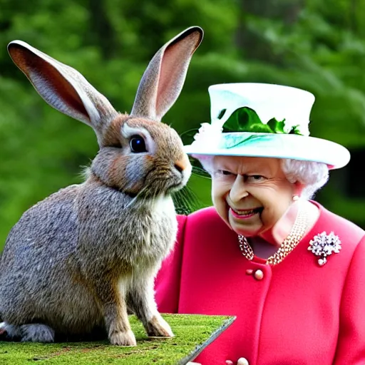 Prompt: a rabbit posing with Queen Elizabeth II in a park