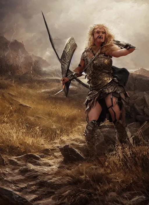 Prompt: angry valkyrie woman warrior in the aftermath battlefield, detailed scenic view, intricate details, hyper realistic, dramatic lightning, 8k resolution, cinematic composition, trending on artstation