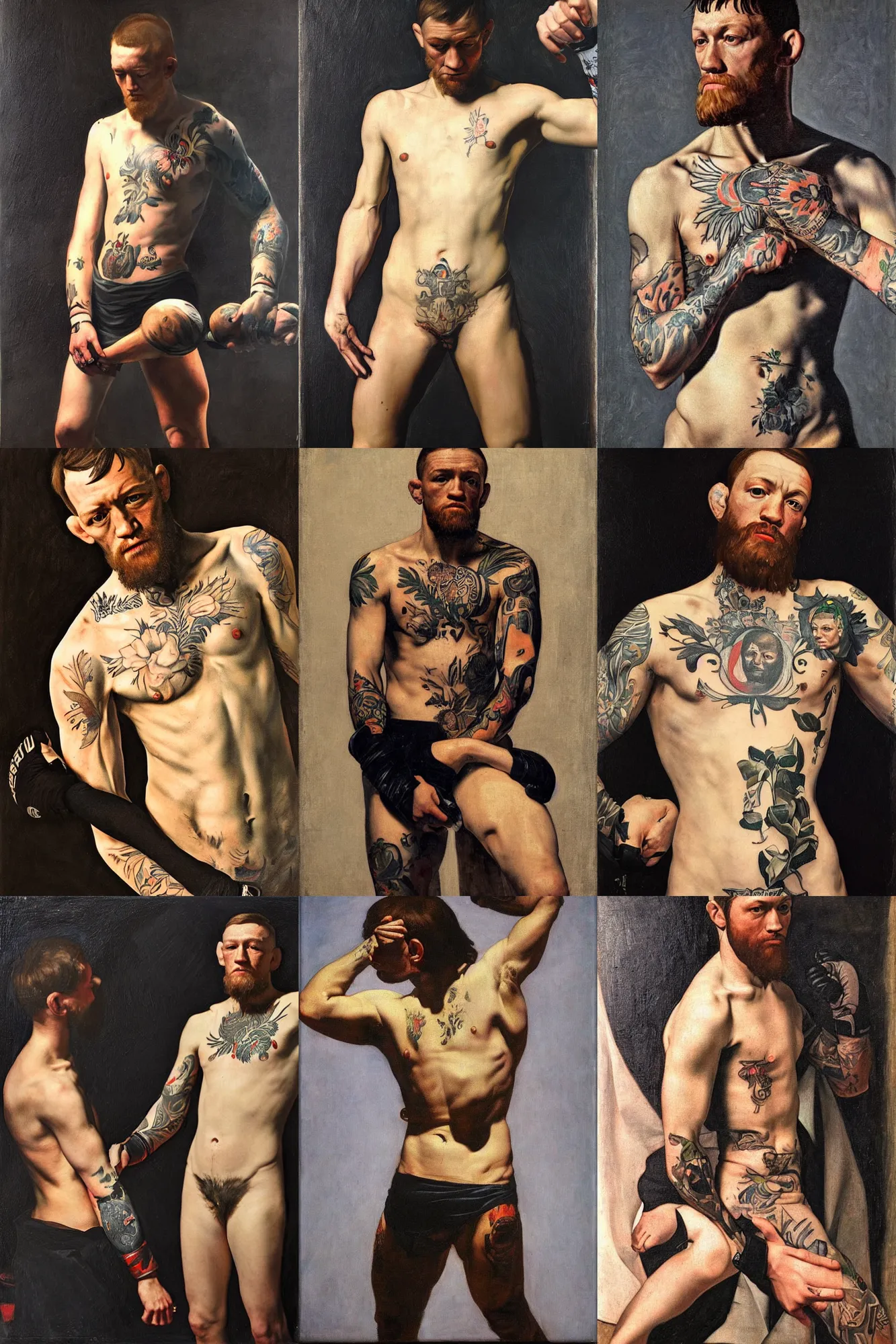 Prompt: mcgregor by caravaggio, oil on canvas, torso, tattoos, mma gloves