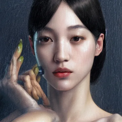 Image similar to Kiko Mizuhara, physically accurate, dramatic dynamic lighting, intricate, elegant, highly detailed, digital painting, artstation, very hyperrealistic, HR GIGER, Hieronymus Bosch, Francis Bacon, Tomas Sanchez, Renaissance, concept art, smooth, sharp focus, illustration, art by artgerm and greg rutkowski and alphonse mucha